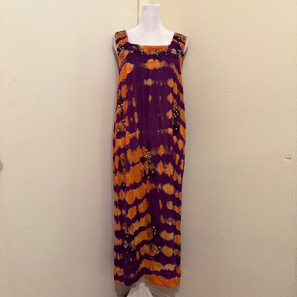True Rock Purple Orange Tie Dye Maxi Dress Sequin Embroidered Boho Free Size